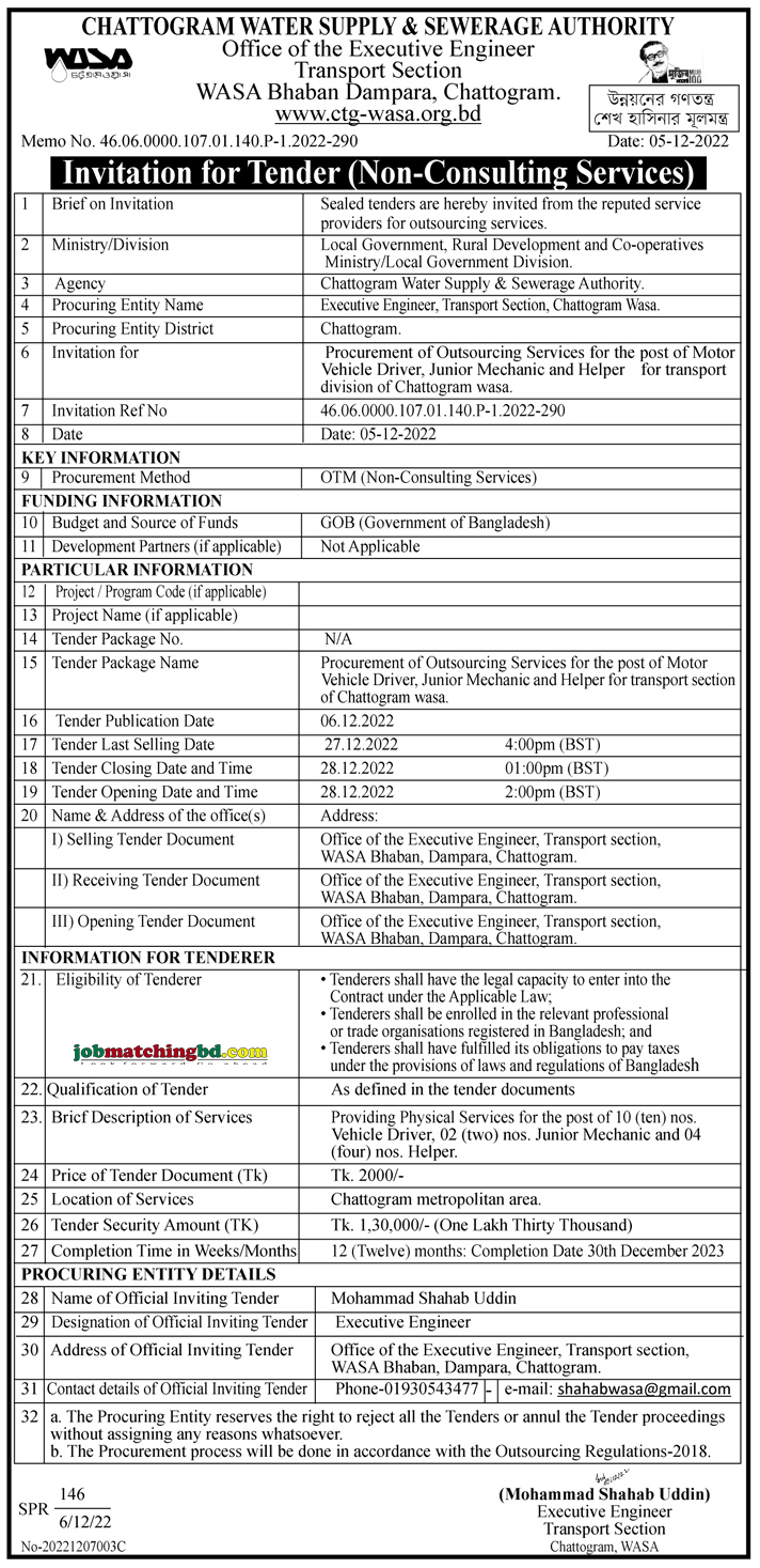Chattogram Water Supply & Sewerage Authority-Tender Notice