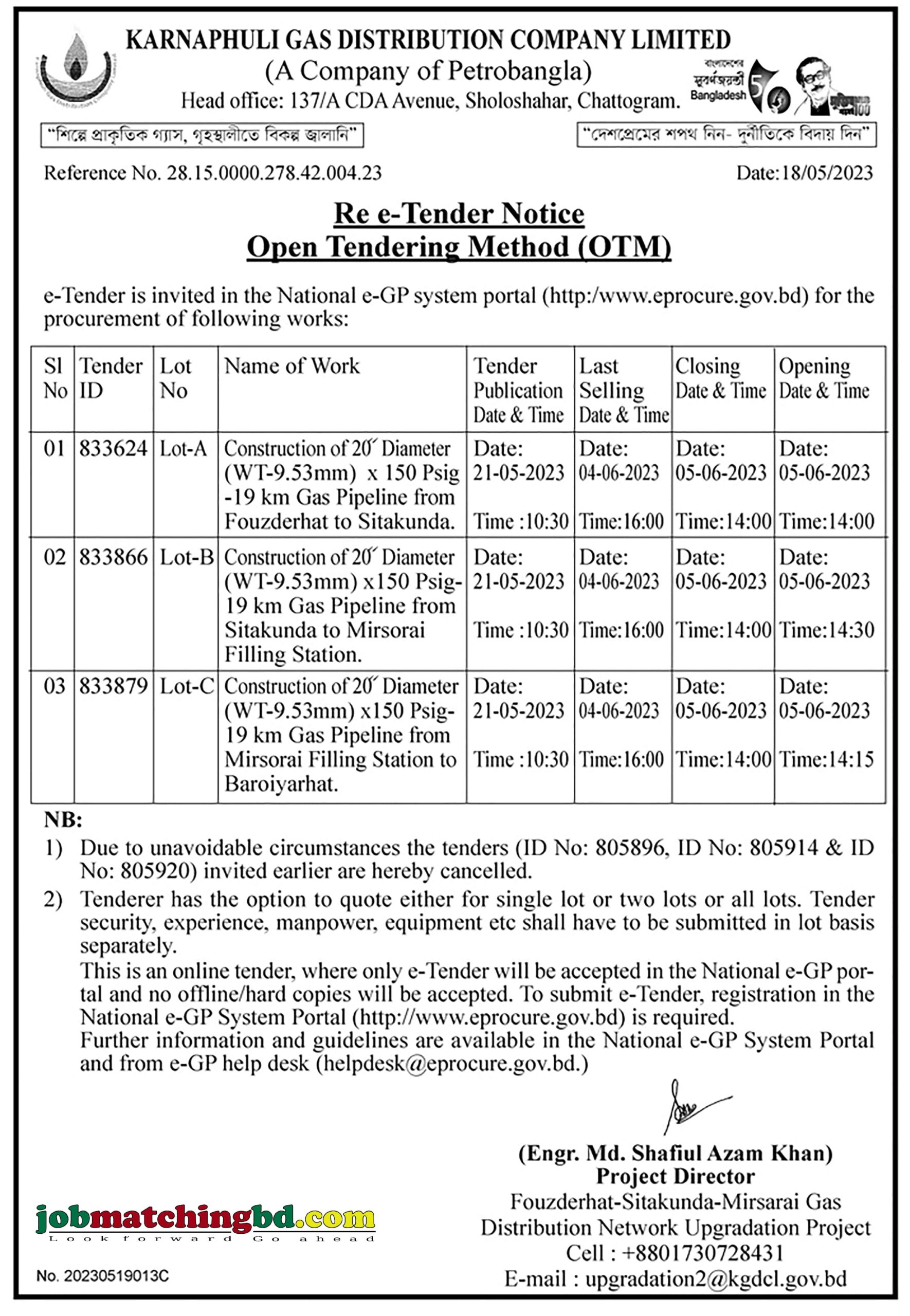Karnaphuli Gas Distribution Company Limited, Chattogram - Re-e-Tender Notice