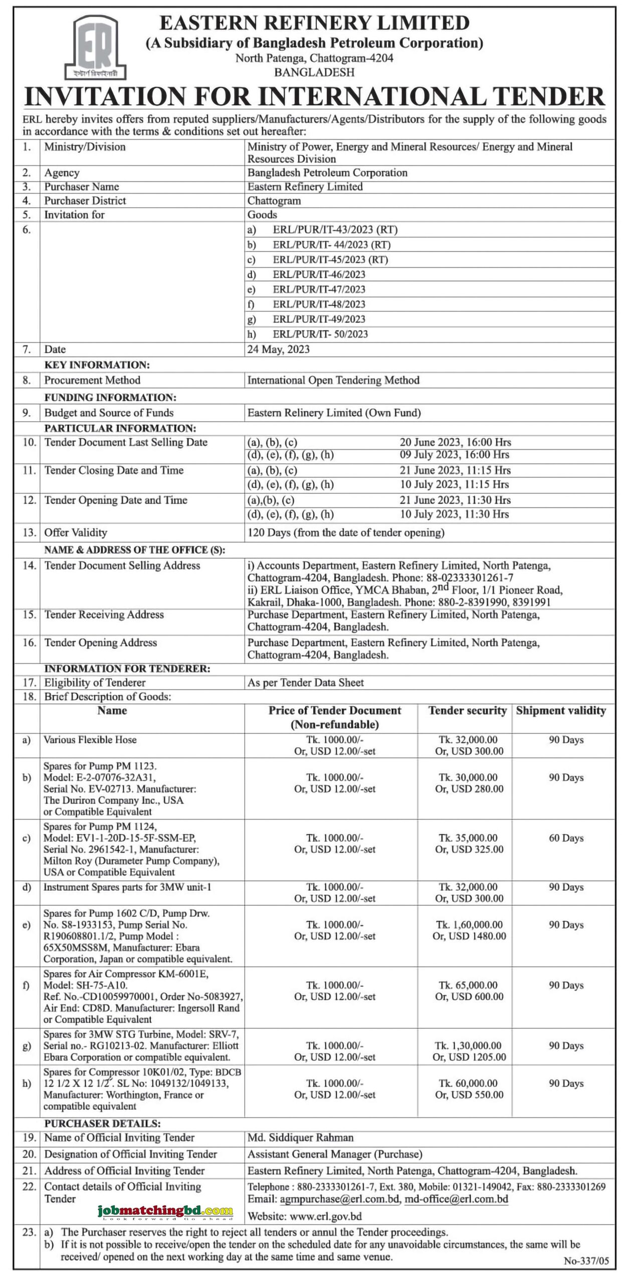 Eastern Refinery Limited -  North Patenga, Chittagong International Tender
