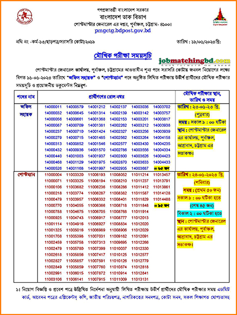 পোস্টমাস্টার জেনারেল পূর্বাঞ্চল চট্টগ্রাম এর মৌখিক পরিক্ষার সময়সূচী