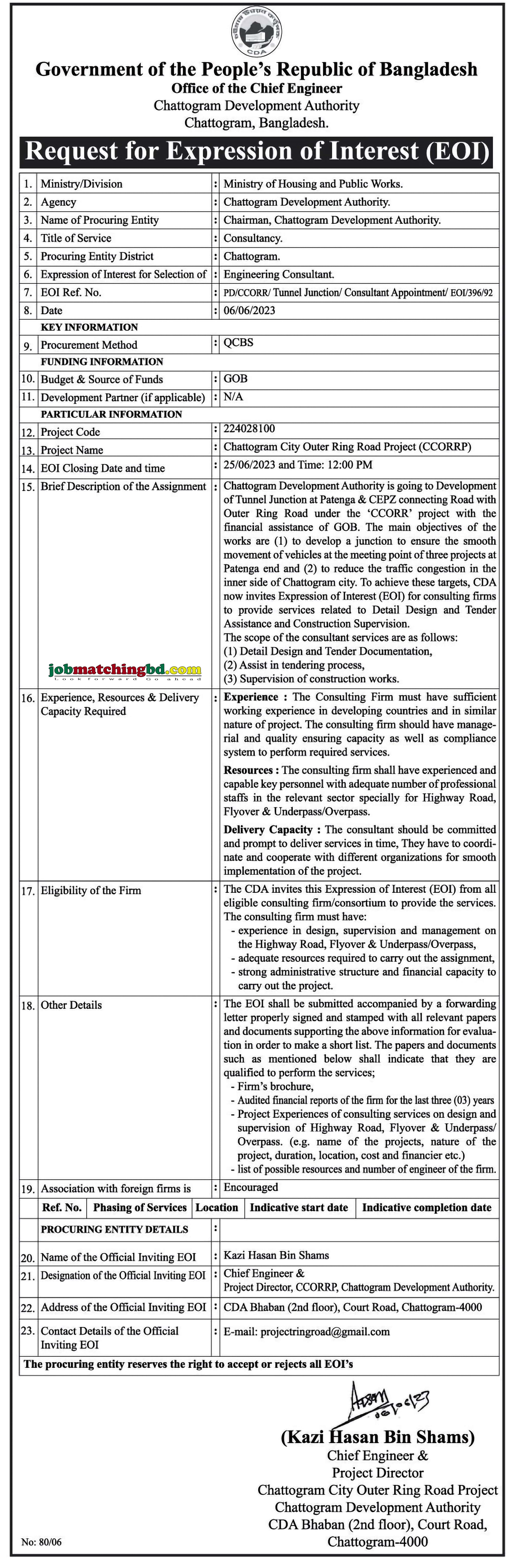Office Of The Chief Engineer, Chattogram Expression of Interest