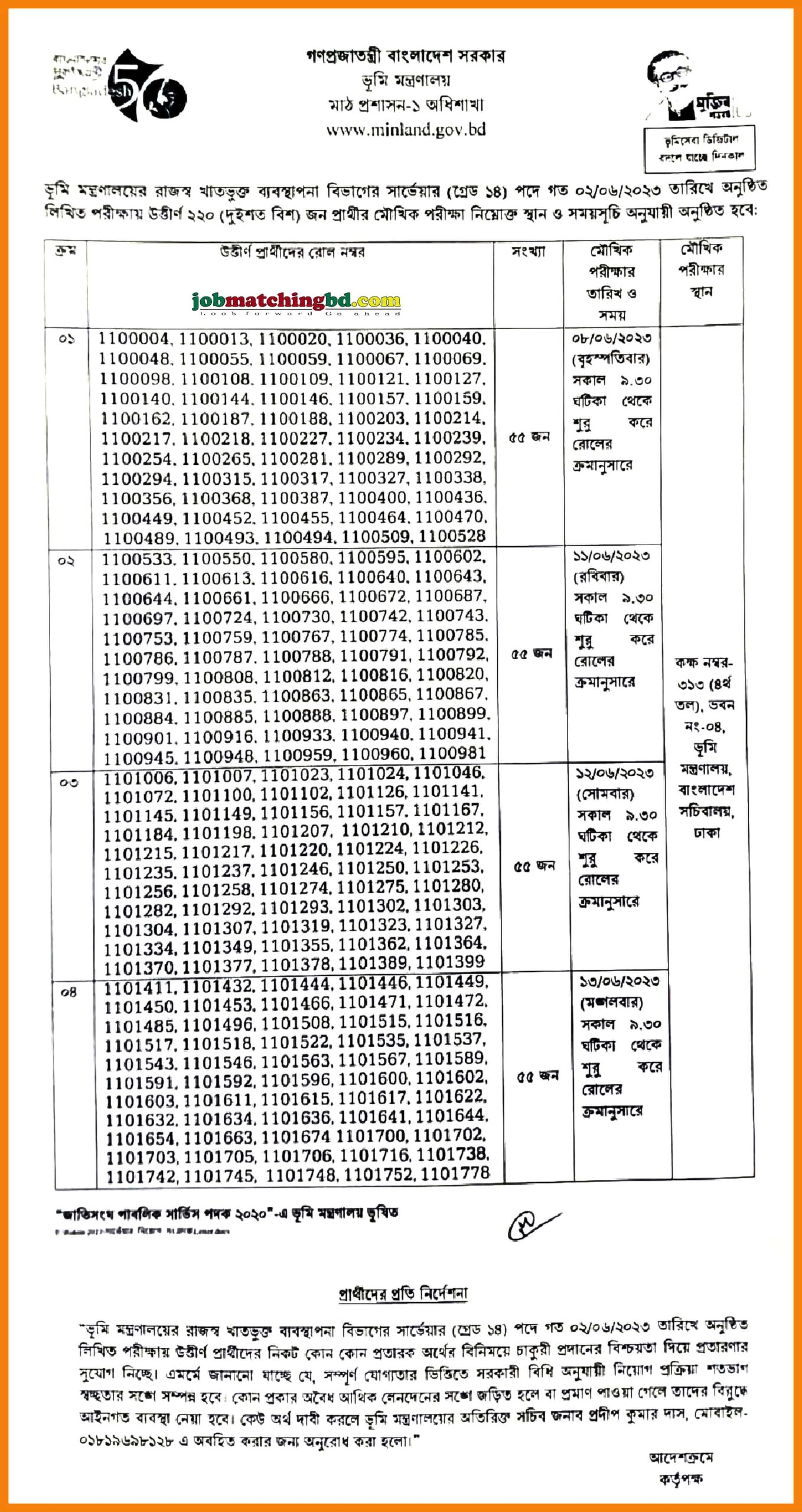 ভূমি মন্ত্রণালয় এর পরীক্ষার ফলাফল ও মৌখিক পরীক্ষার সময়সূচি 