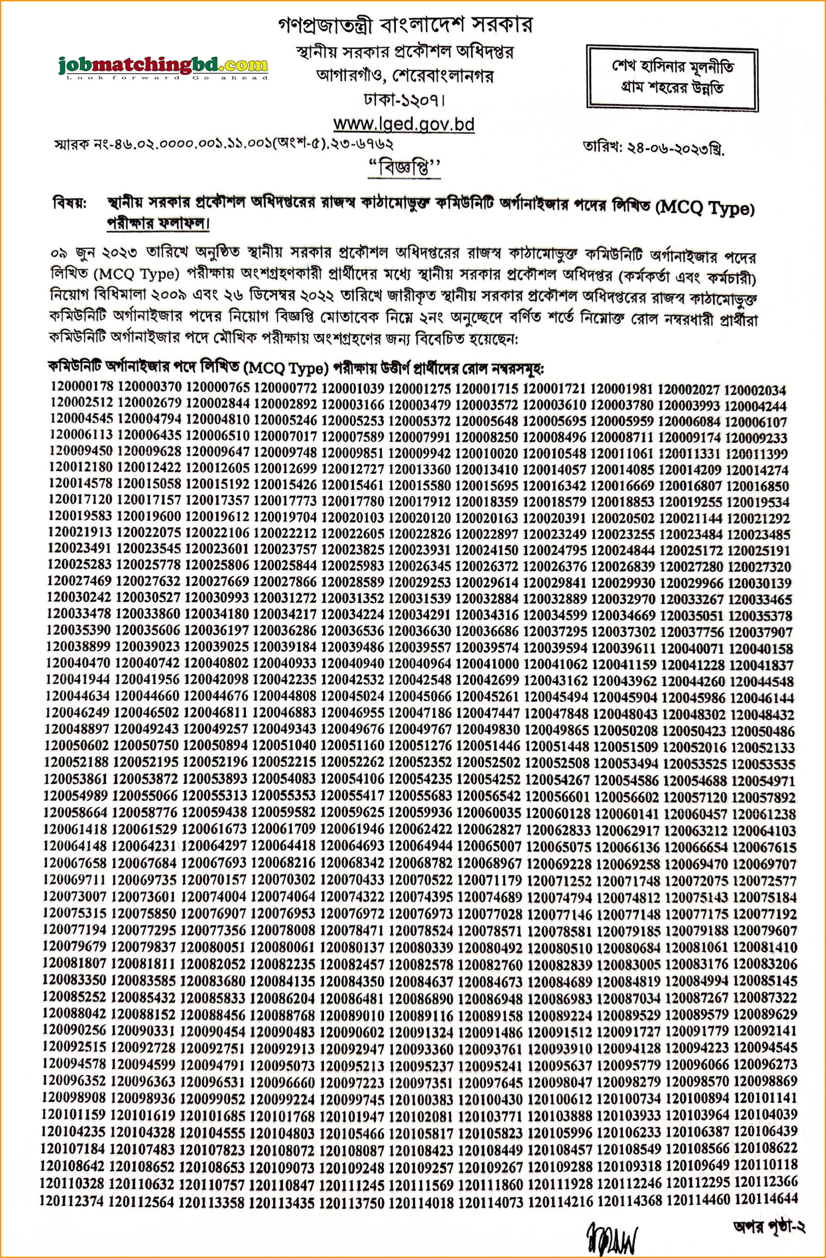 স্থানীয় সরকার প্রকৌশল অধিদপ্তর এর চাকরির পরীক্ষার ফলাফল 