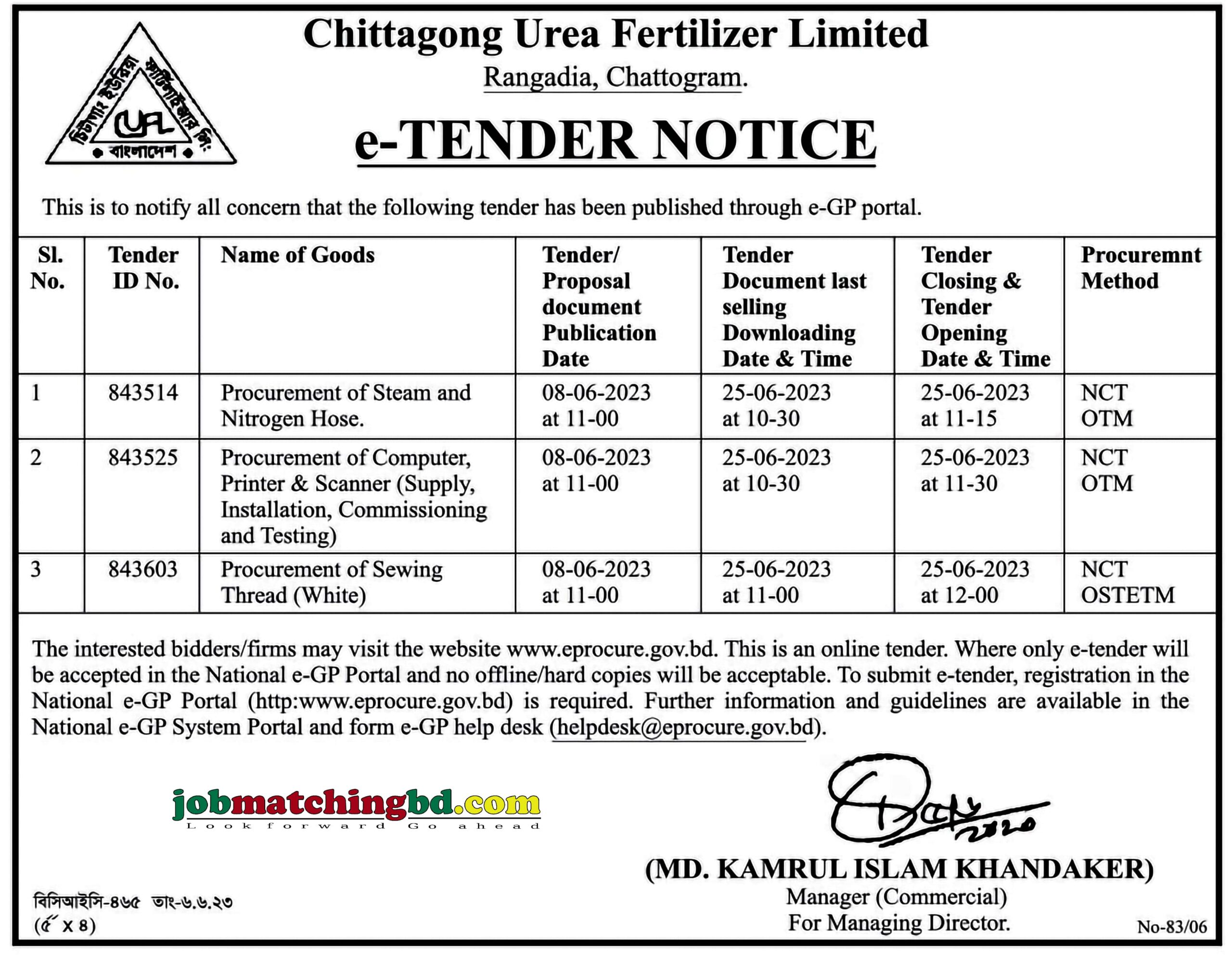 Chittagong Urea Fertilizer Limited - e-Tender