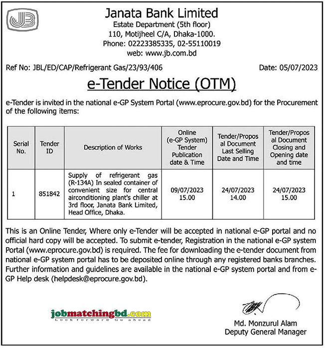 Janata Bank Ltd - e-Tender Notice