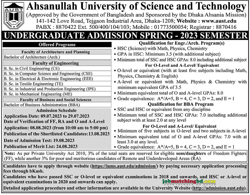 Ahsanullah University of Science and Technology - New Admission Notice