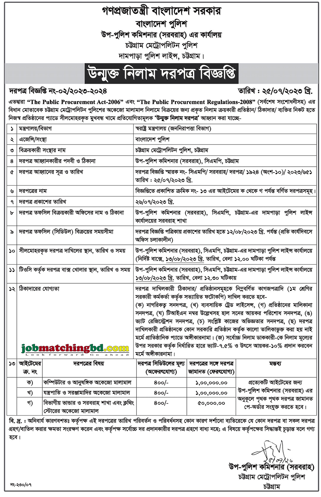 বাংলাদেশ পুলিশ - নিলাম দরপত্র বিজ্ঞপ্তি