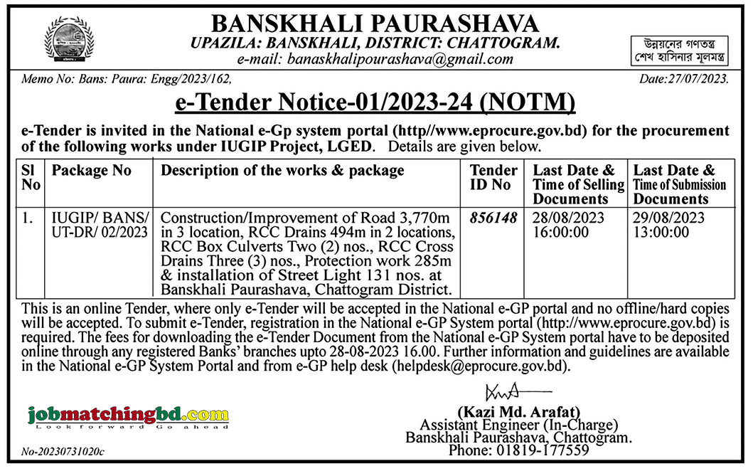 Banskhali Paurashava - New e-Tender Notice