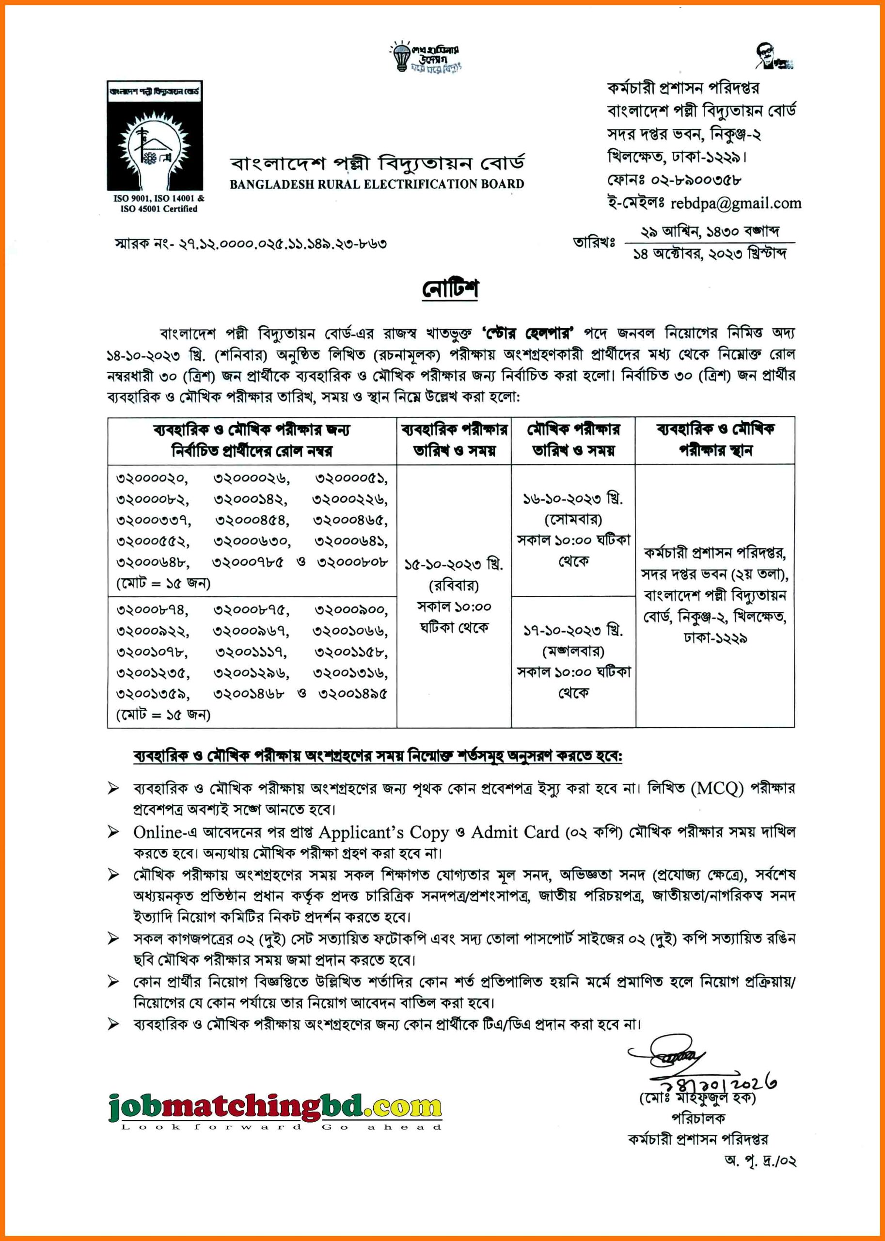 পল্লী বিদ্যুৎ নিয়োগ পরীক্ষার ফলাফল 