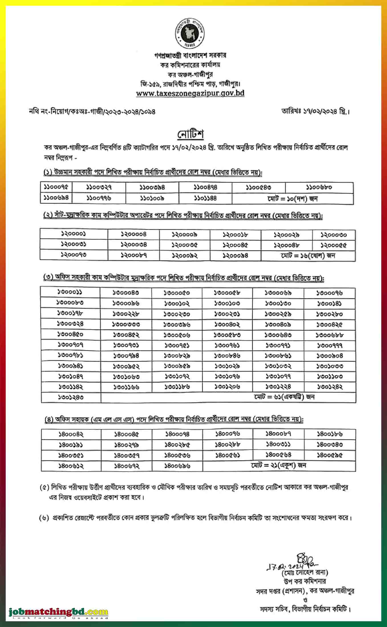 কর অঞ্চল-গাজীপুর এর পরীক্ষার ফলাফল