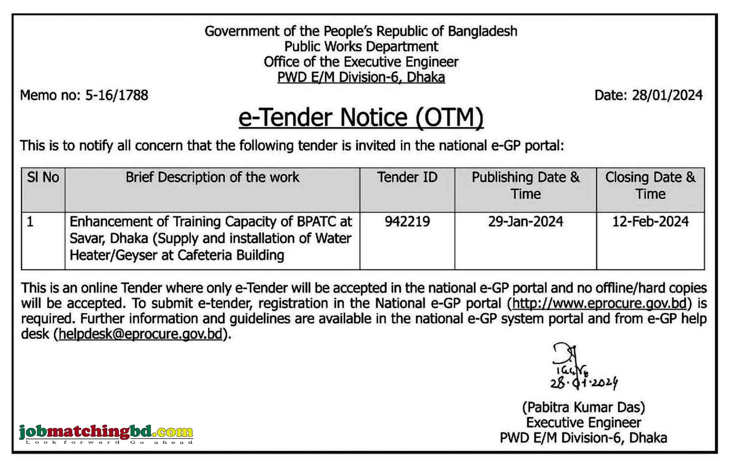 Public Work Department PWD Tender Notice