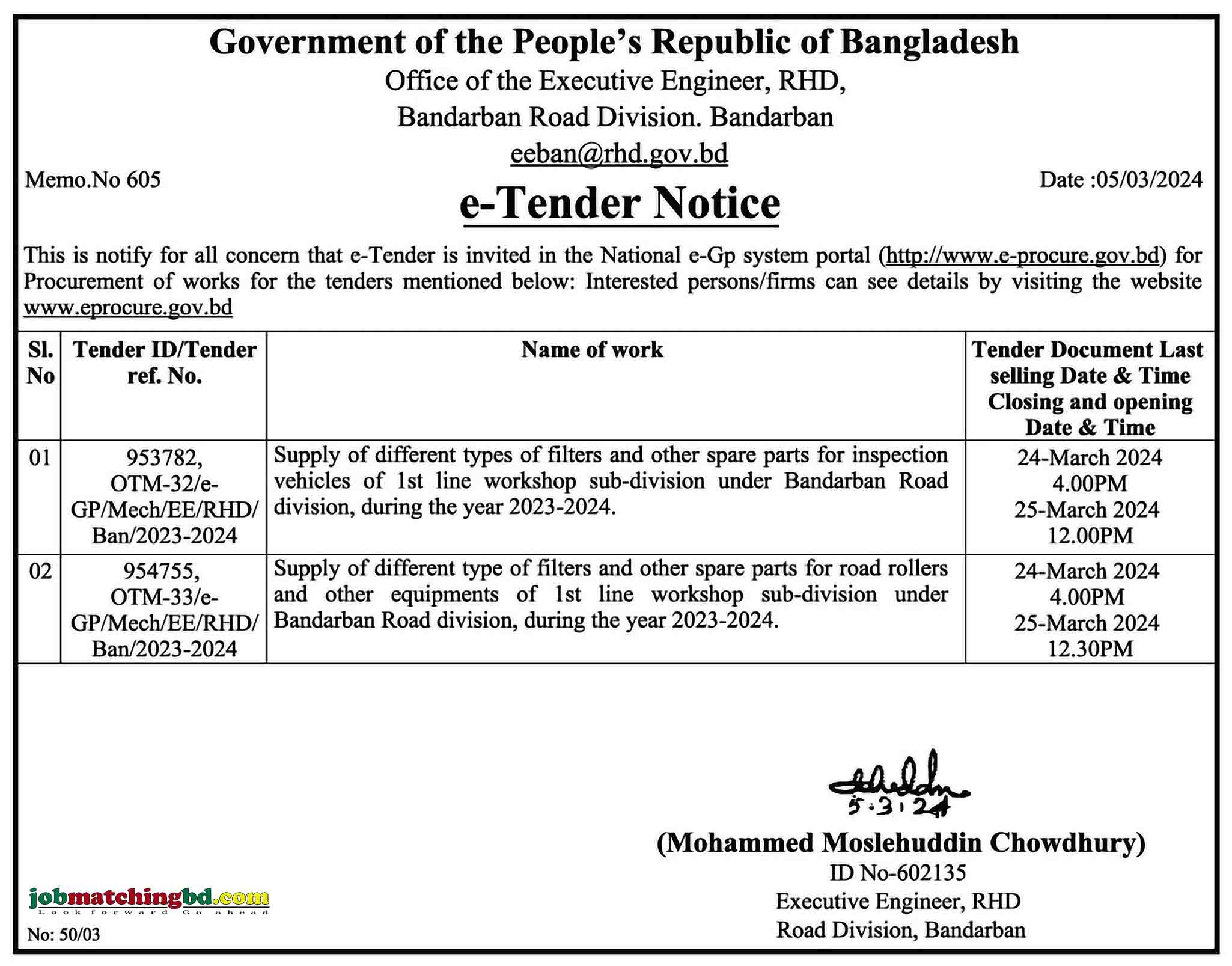 Bandarban Road Division Tender 2024 