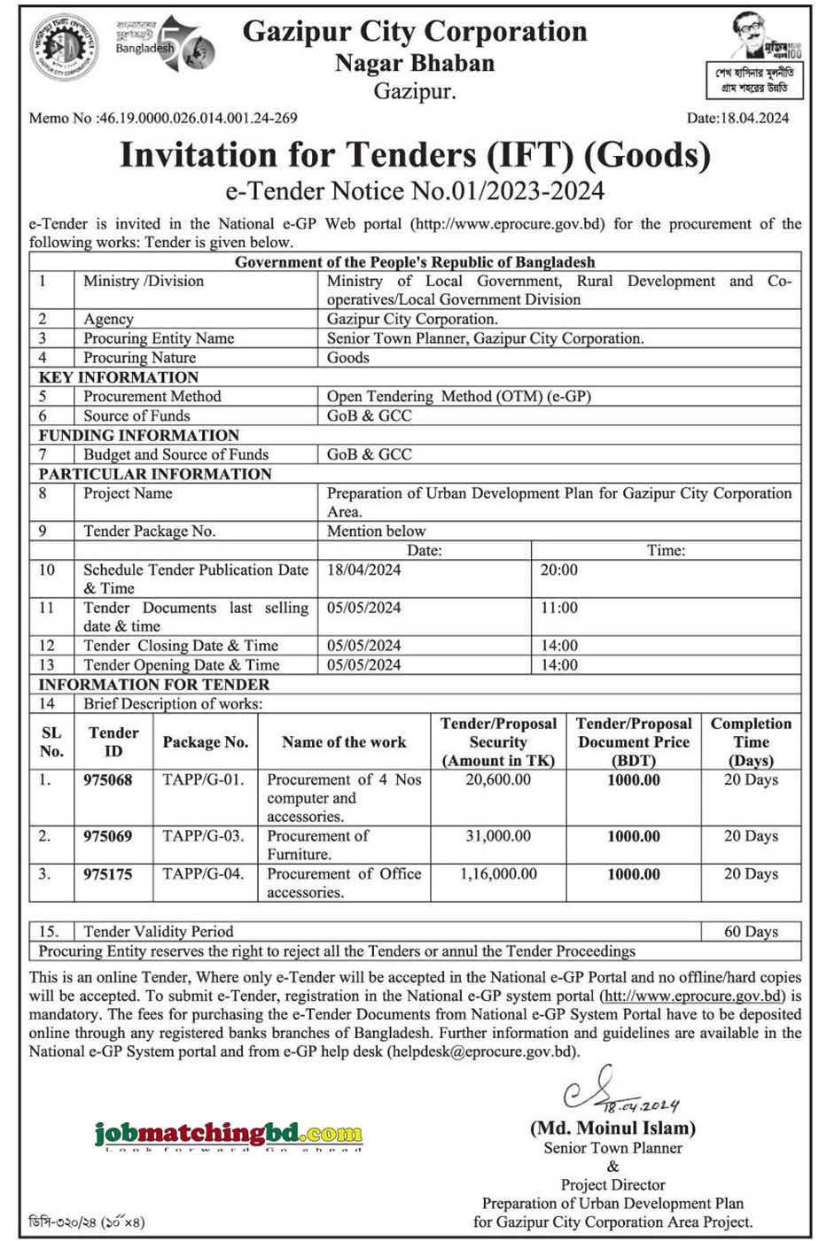 Gazipur City Corporation Tender 2024