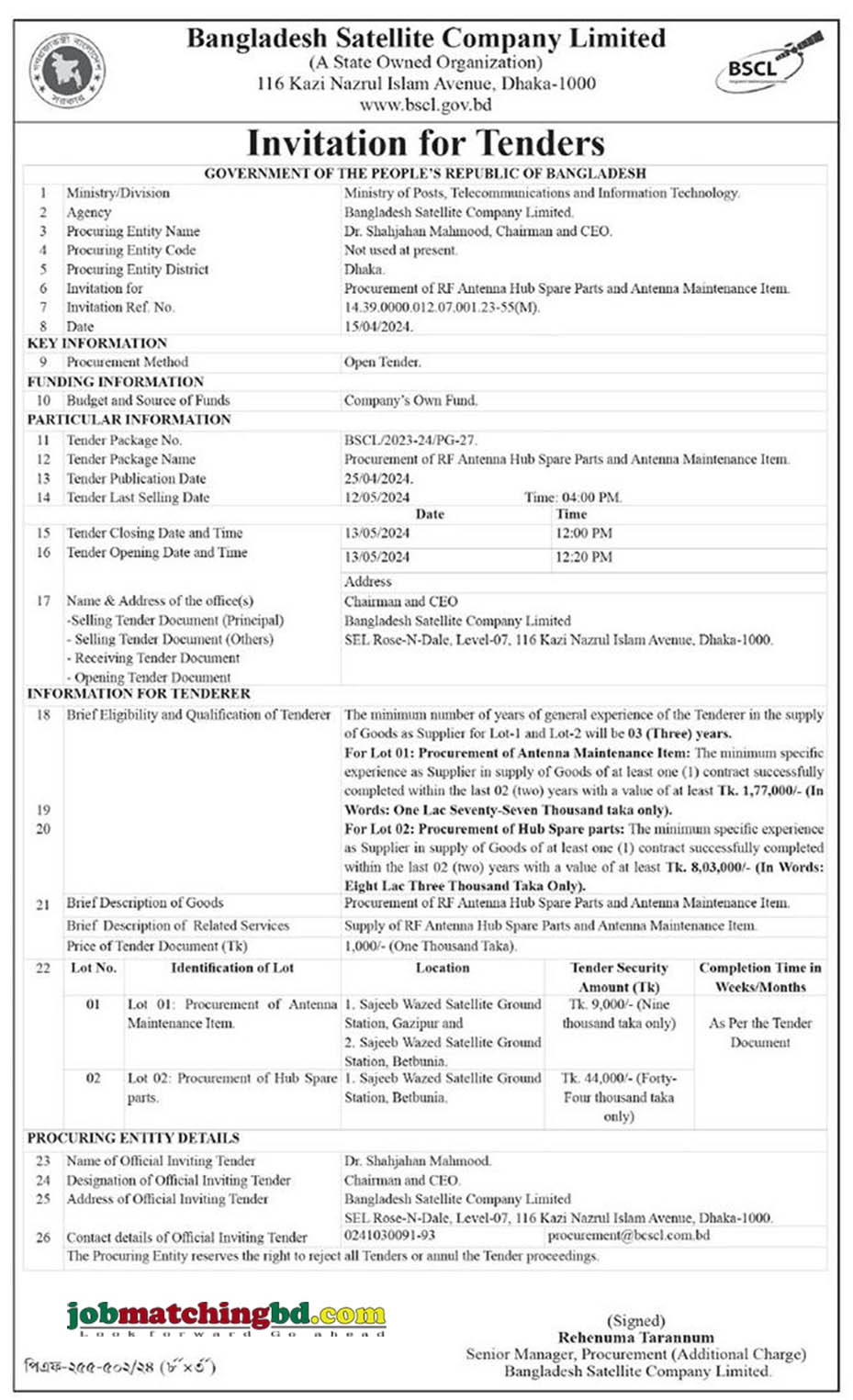 Bangladesh Satellite Company Limited Tender 2024