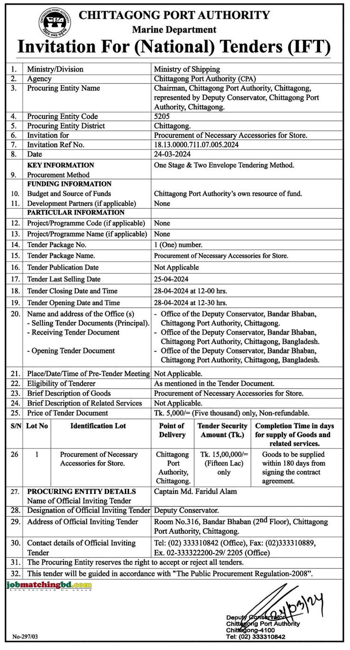 Chittagong Port Authority Tender 2024
