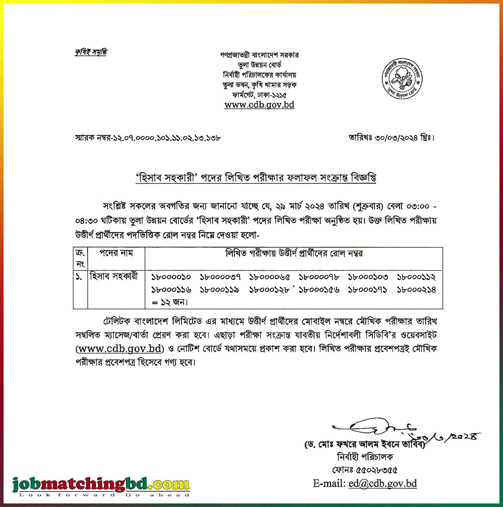 Cotton Development Board Job Exam Result 2024 