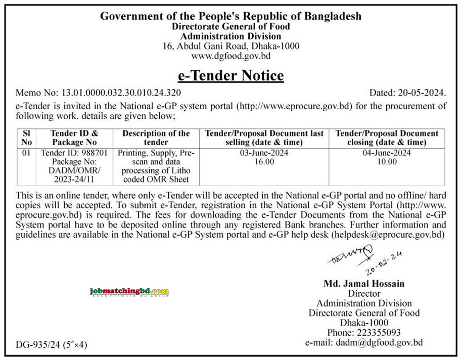 Food Administration Department Tender 2024