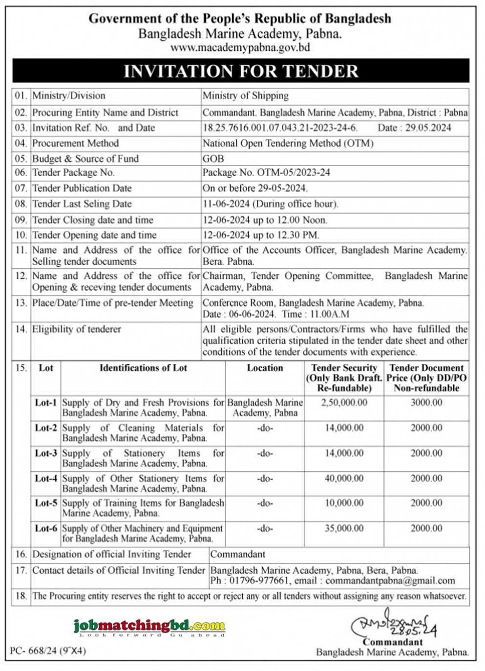 Bangladesh Marine Academy Tender 2024