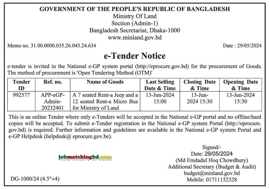 Ministry of Land Tender 2024