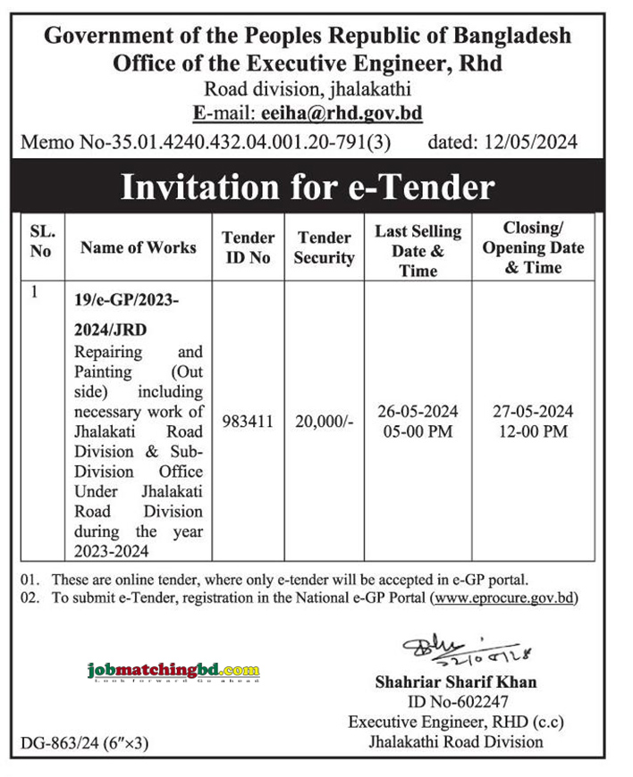 Road Division,Jhalakathi Tender 
