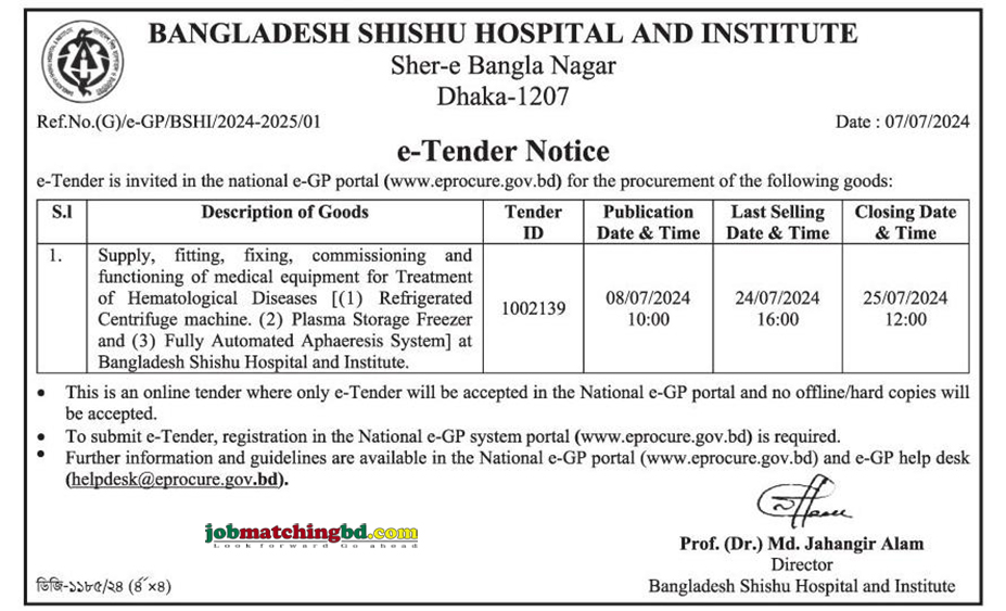 Bangladesh Shishu Hospital and Institute Tender