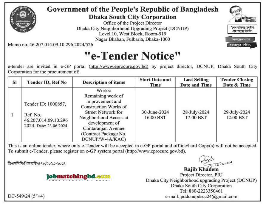 Dhaka South City Corporation Tender 2024