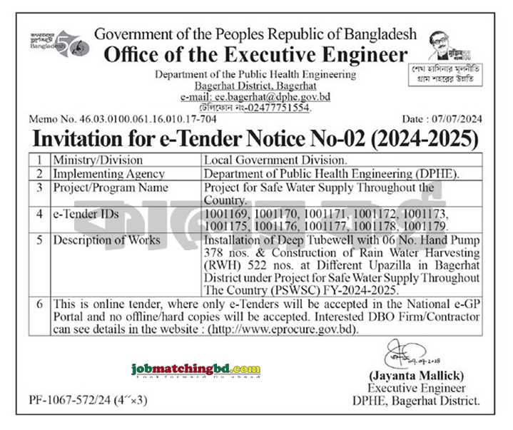 Department of the Public Health Engineering Tender