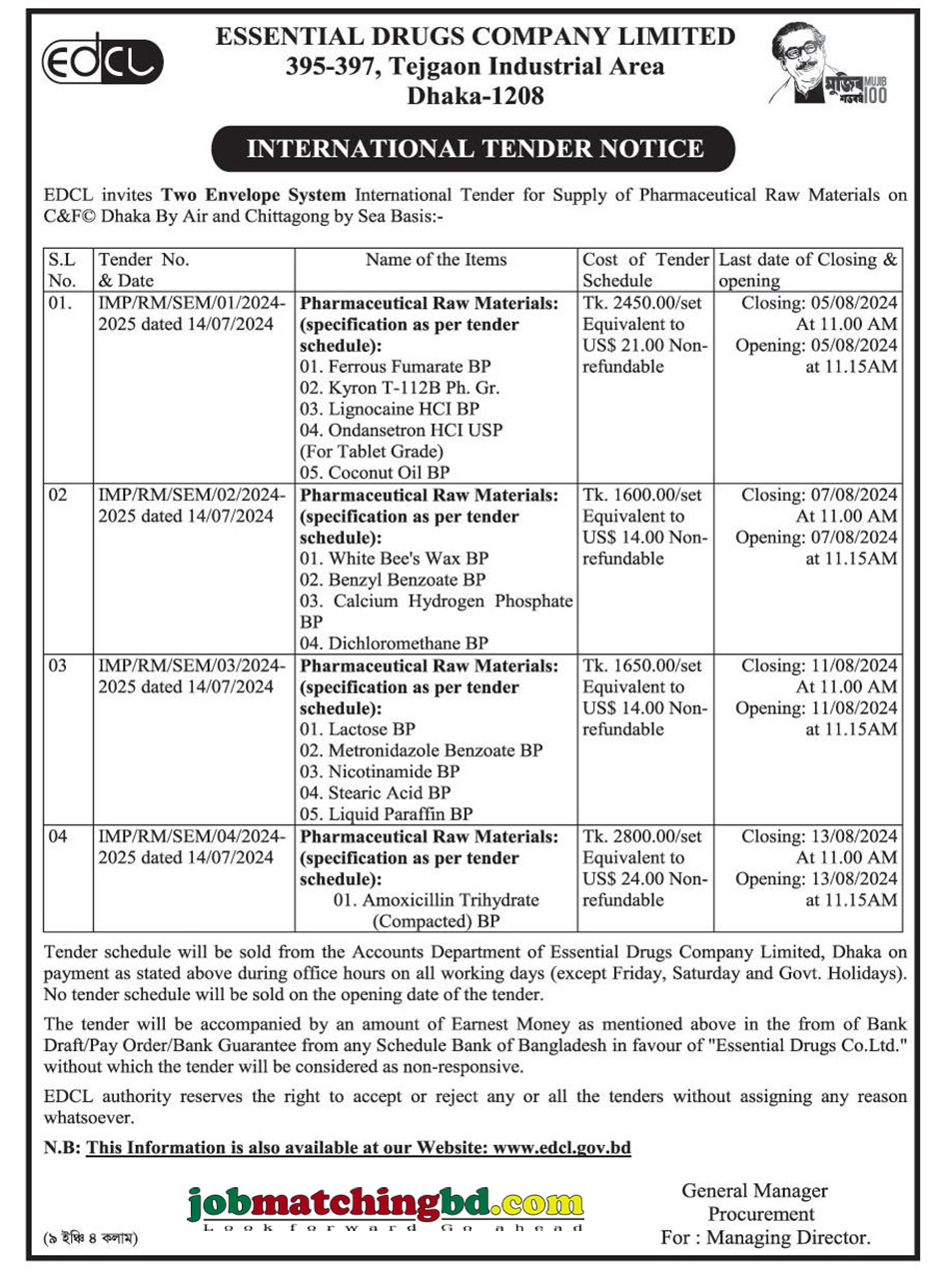 Essential Drug Company Limited Tender 2024