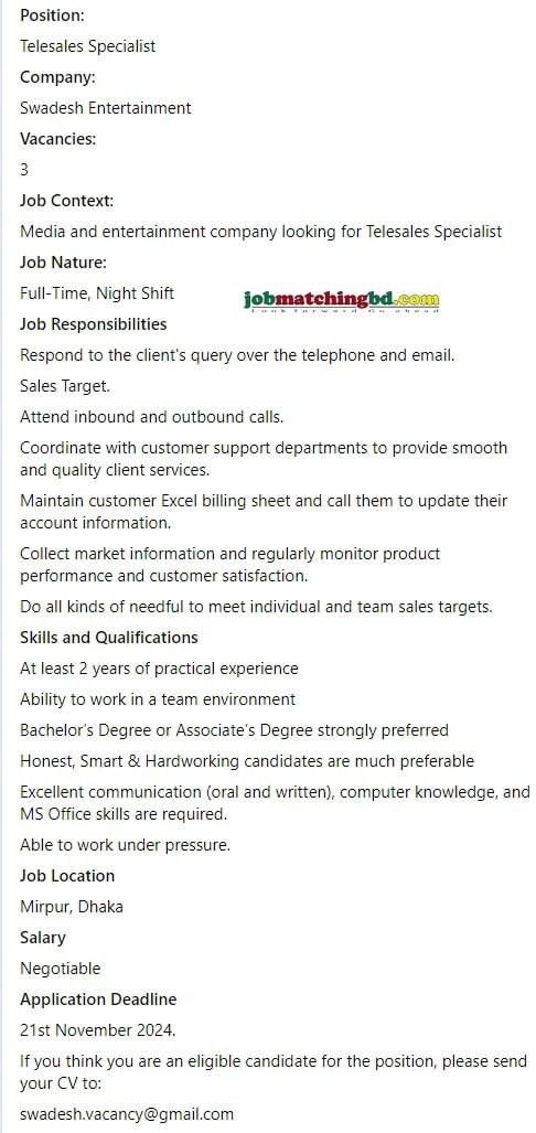 Telesales Specialist Job Circular 2024
