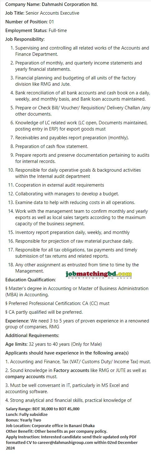 Accounts Jobs in Bangladesh 2024