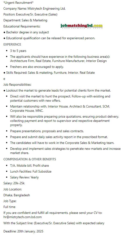 Sales Job in Dhaka 2025