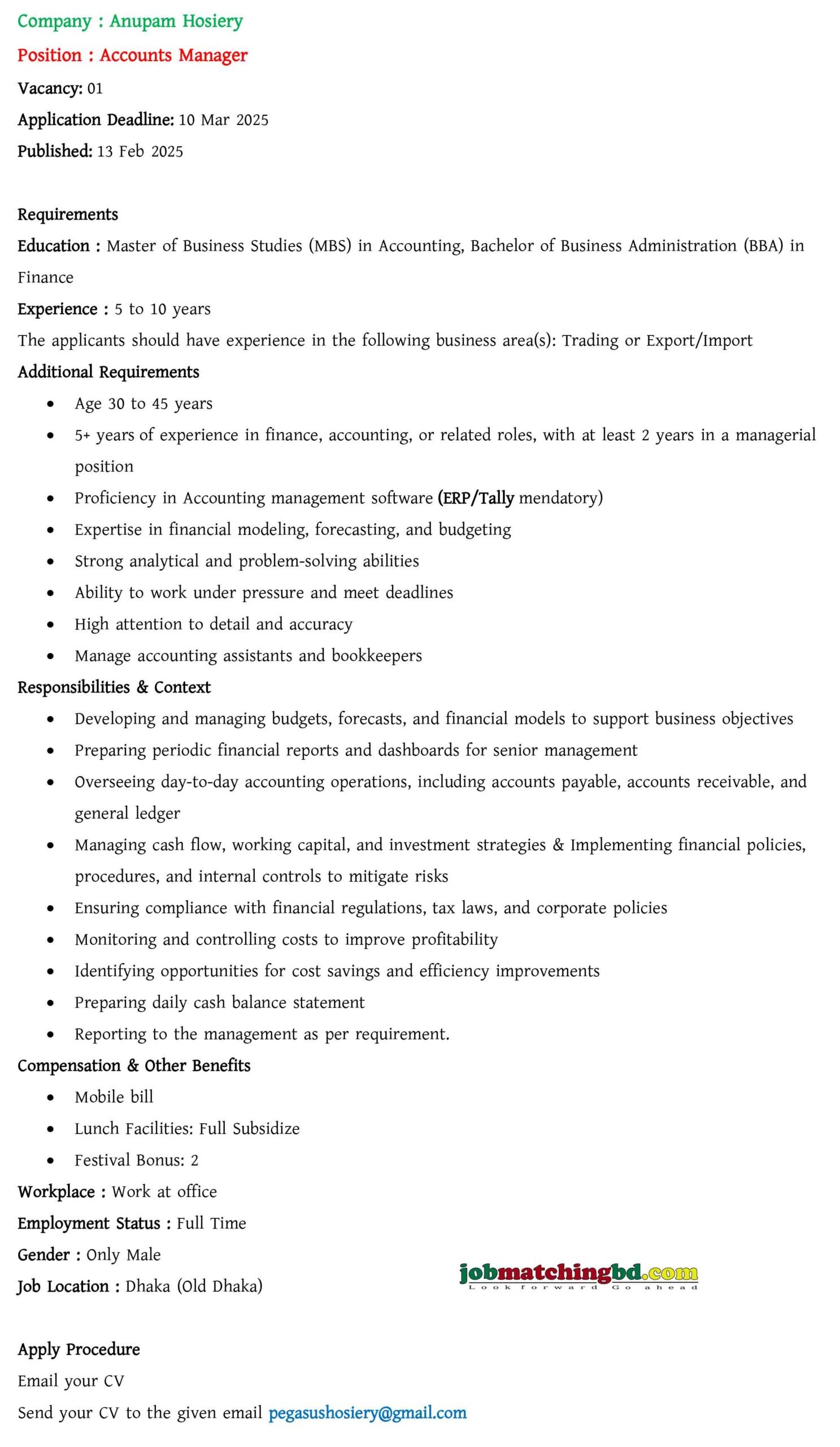 Accounts Job in Dhaka