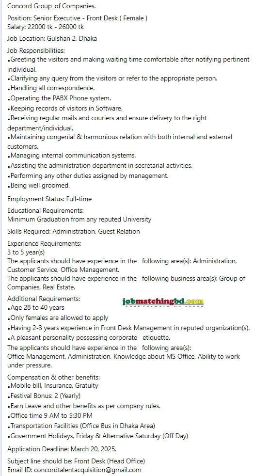 Receptionist Jobs Circular 2025