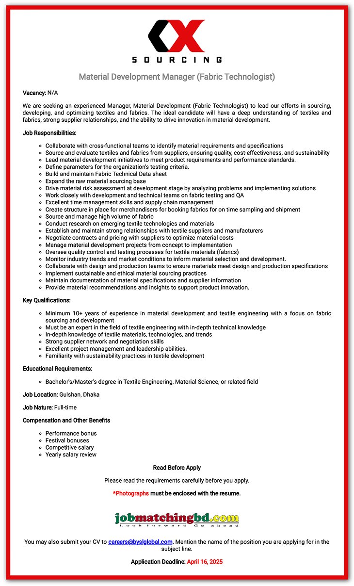 Textile Job in Dhaka
