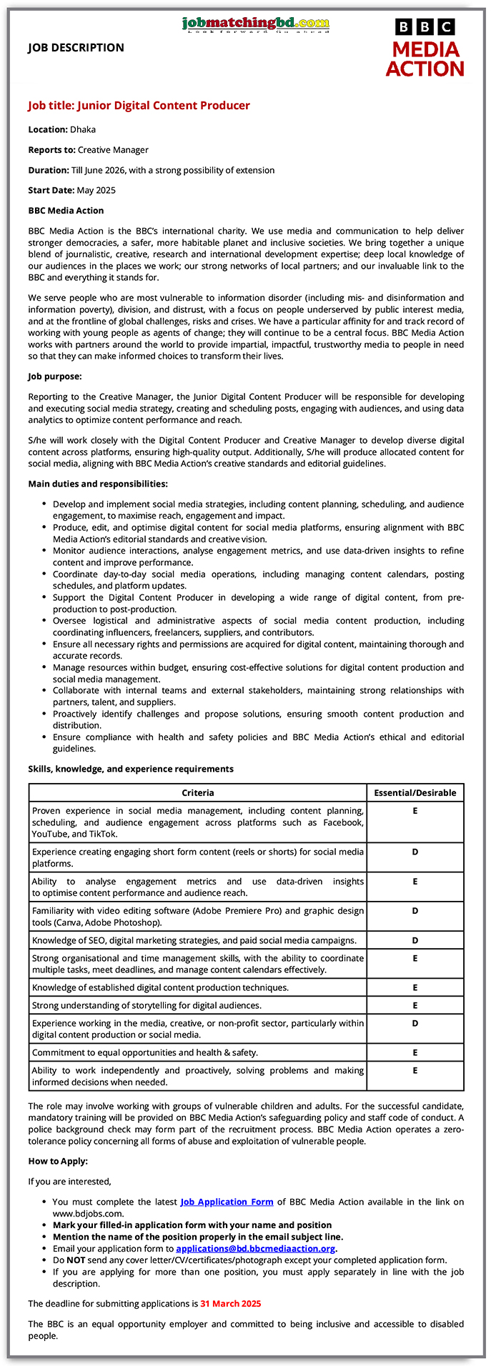 BBC Media Action Bangladesh Job
