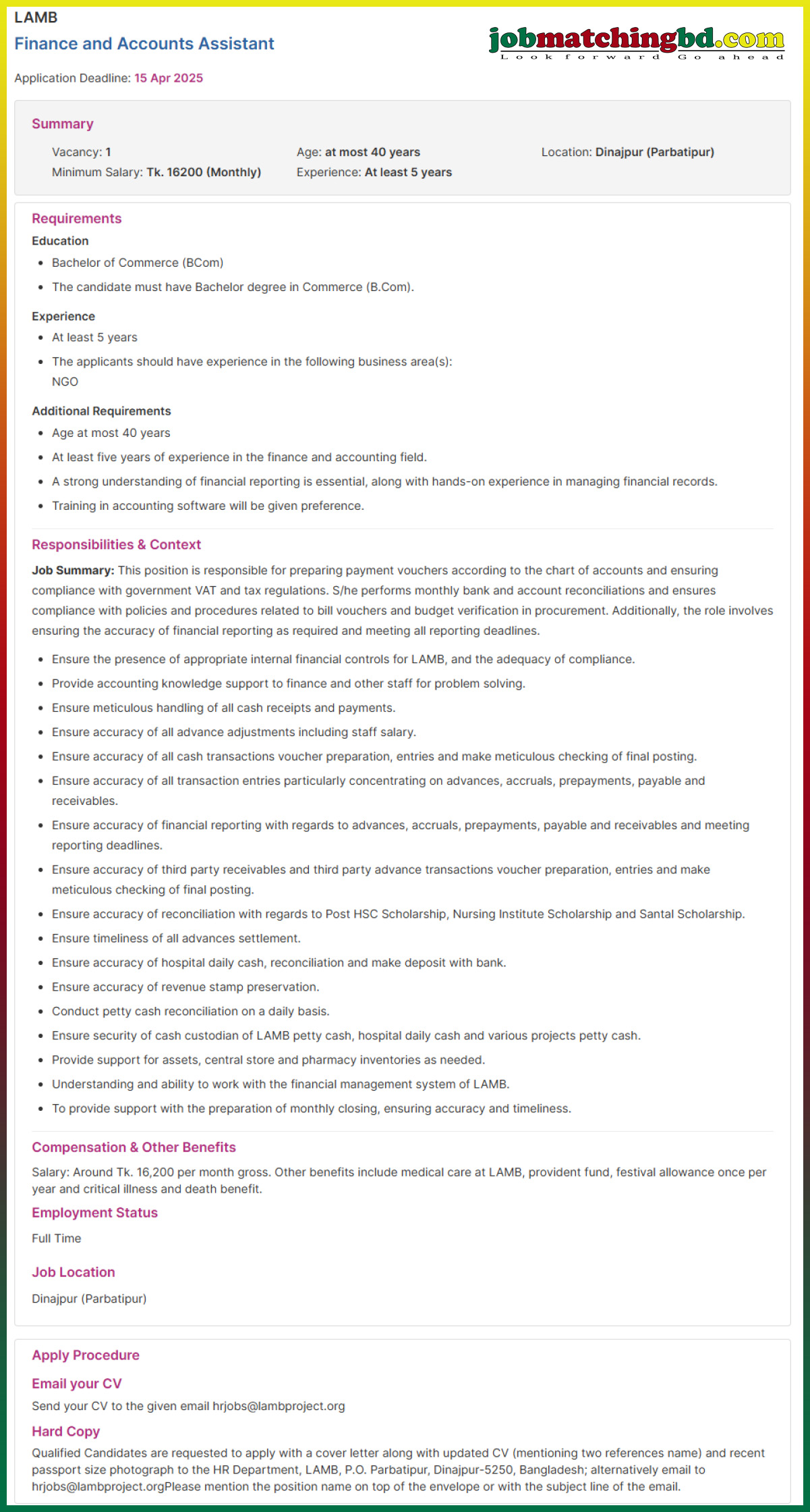 Finance Job Bangladesh