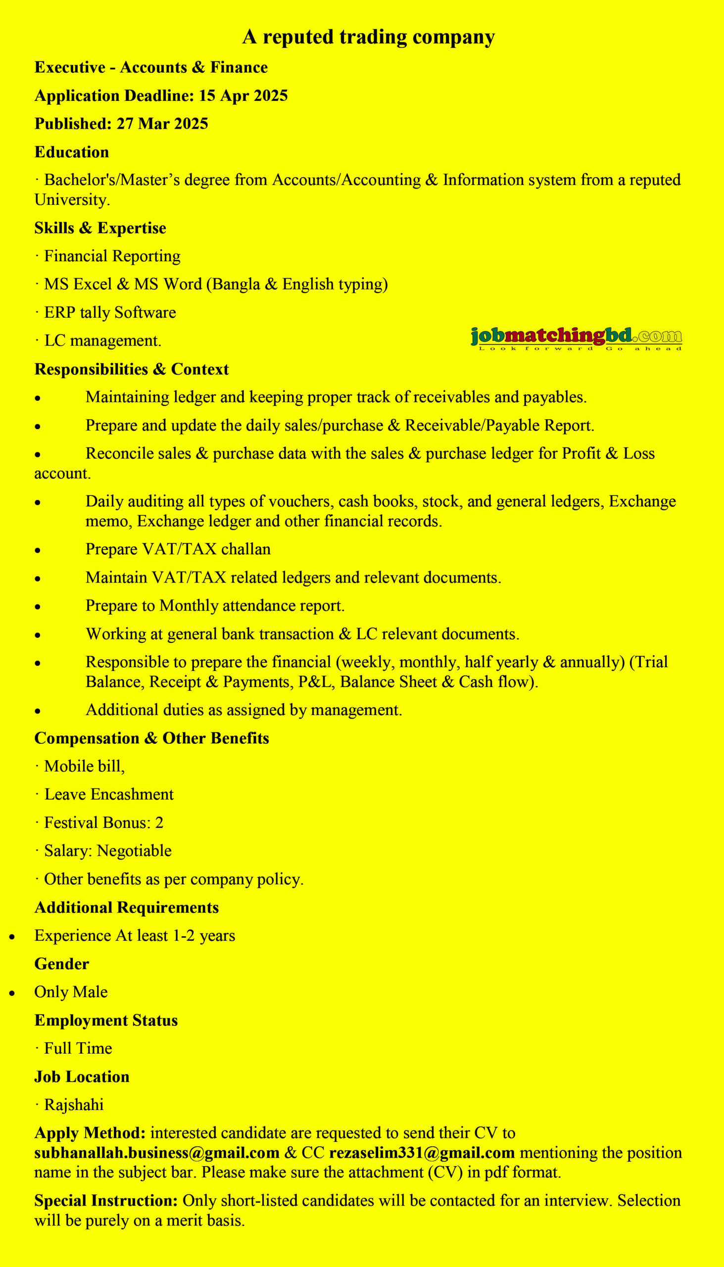 Finance Jobs Circular 