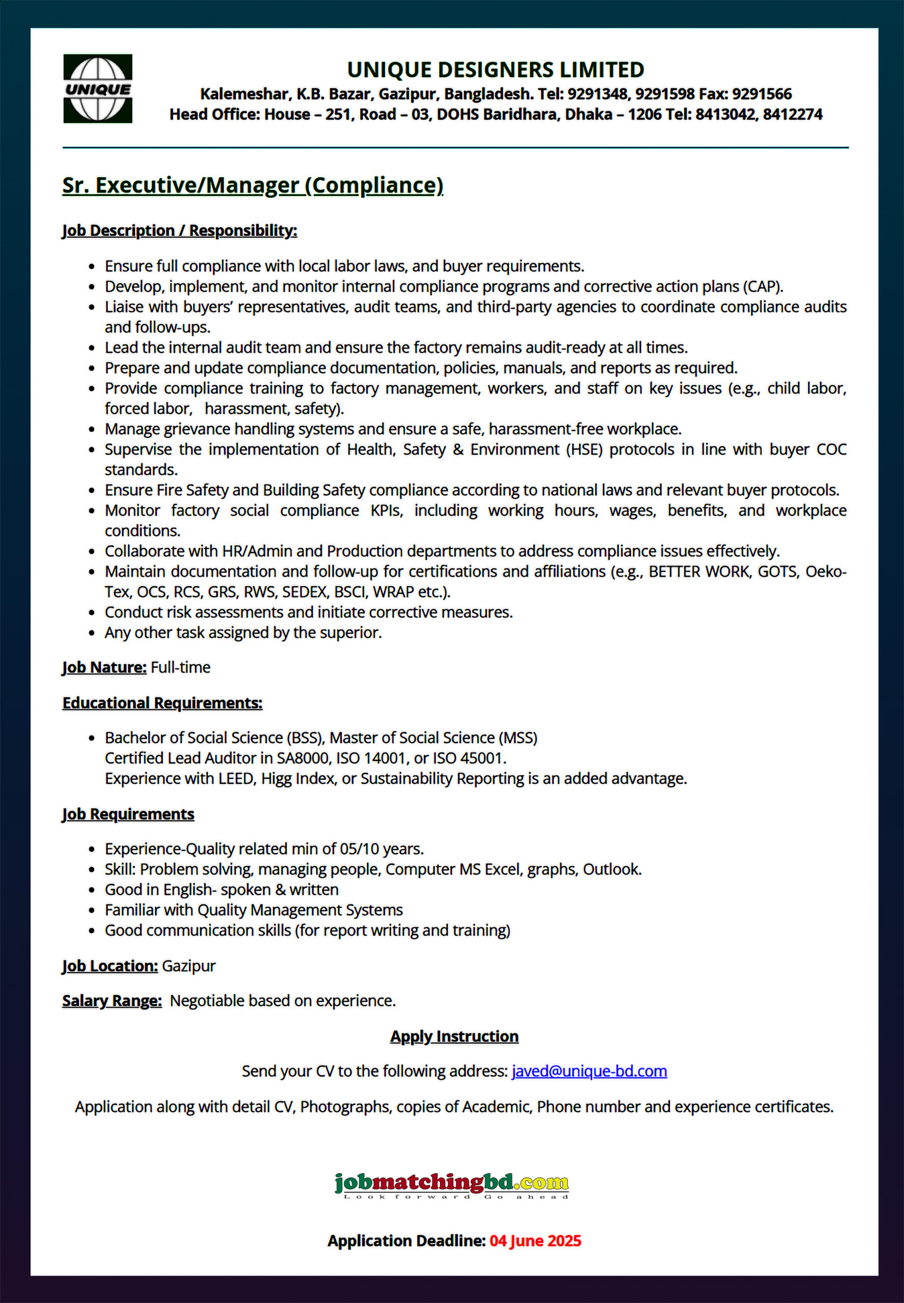 Garments Job in Dhaka