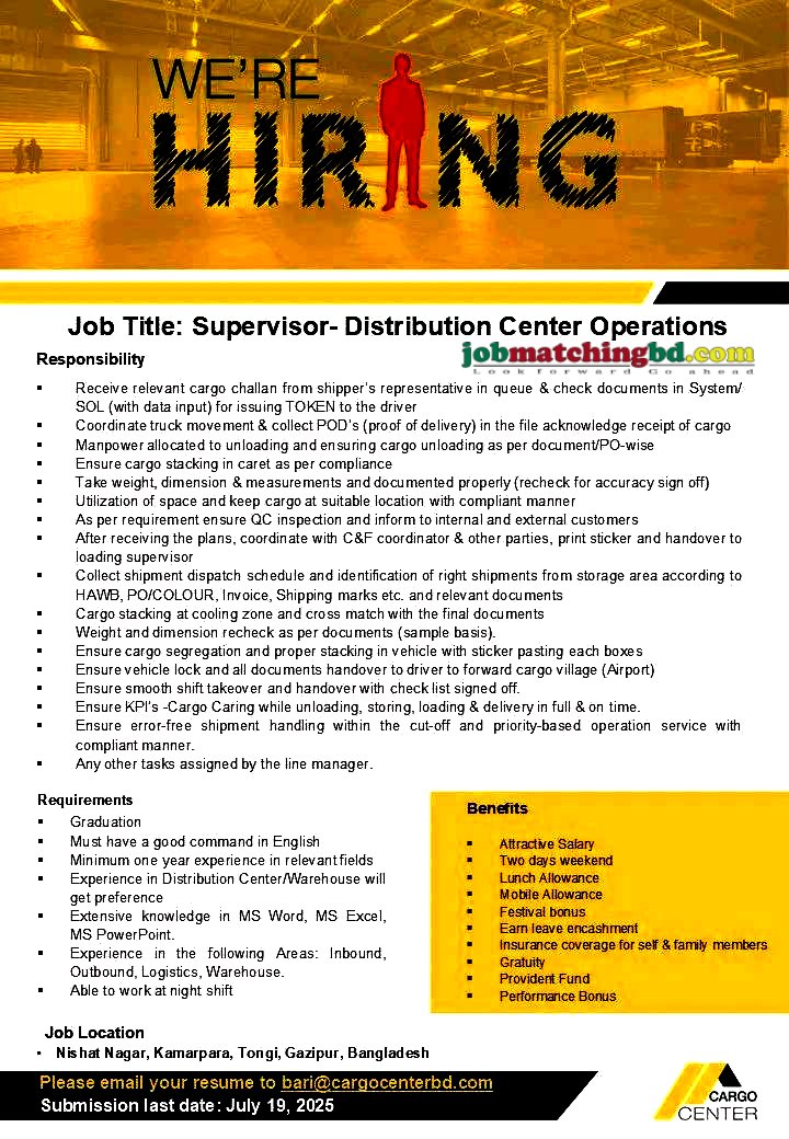 Supervisor Job in Dhaka
