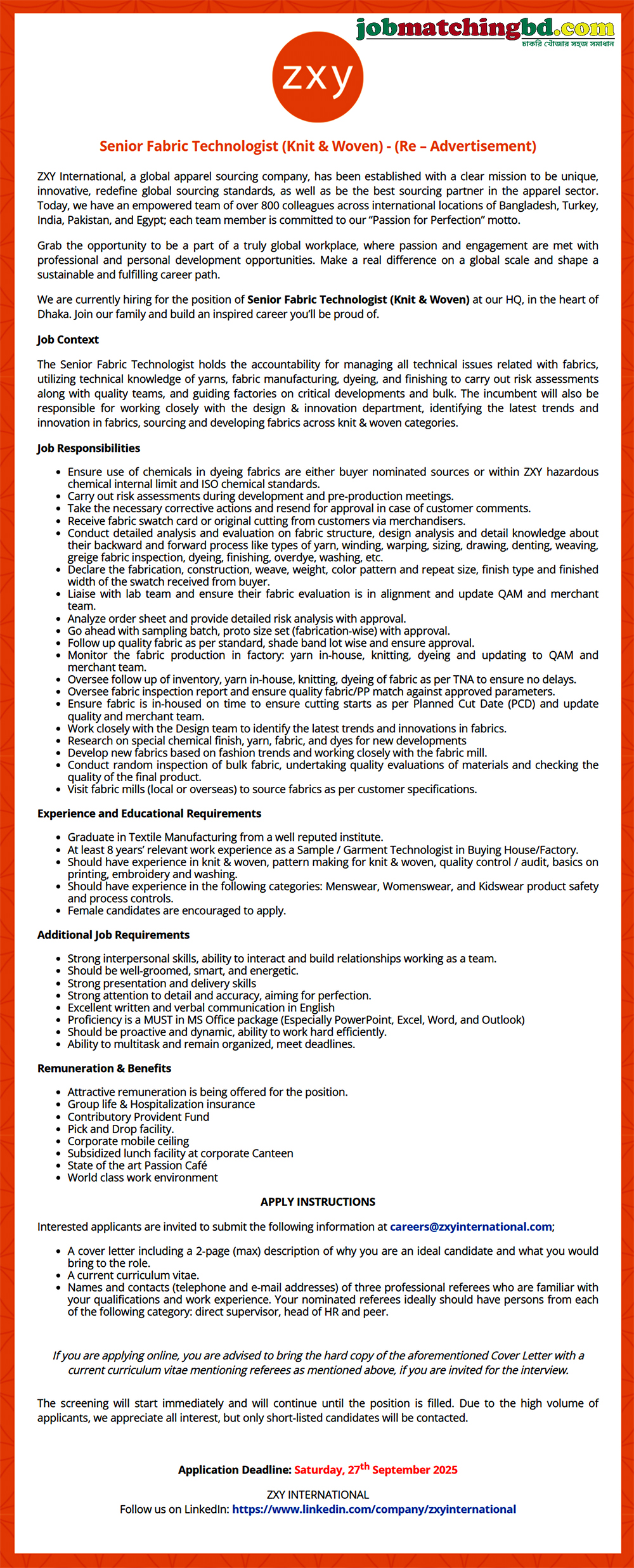 Garments Job in Bangladesh